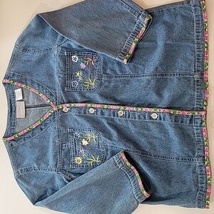 Vtg Blair Women's Medium 100% Cotton Floral Embroidery Blue Jacket Shirt